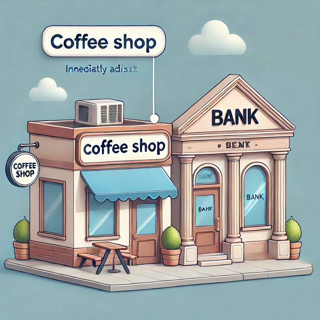 The coffee shop is next to the bank. prepositions of place konu anlatımı 3