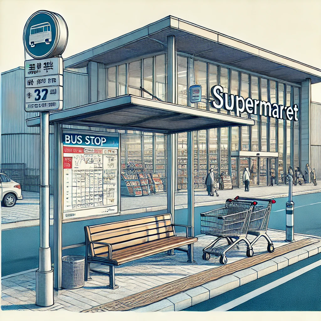 The bus stop is in front of the supermarket. prepositions of place konu anlatımı 7